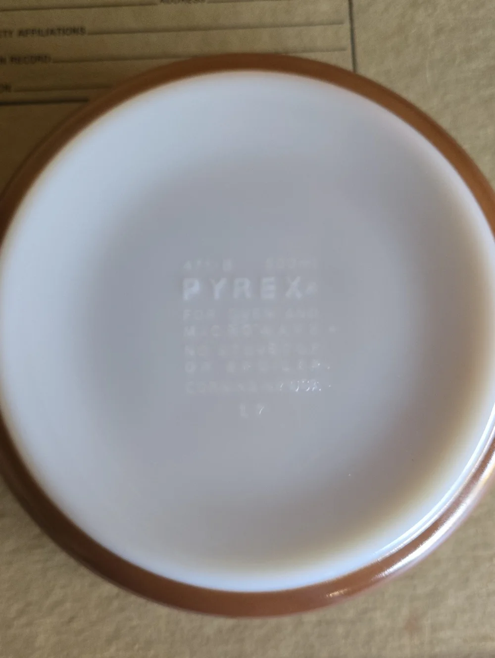 Pyrex White Milk Glass Bowl with Brown Rim